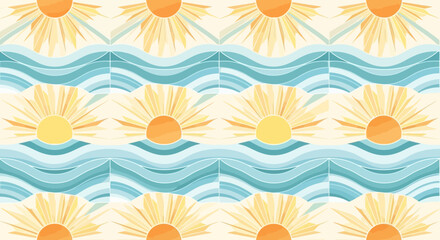 Seamless Pattern Design Featuring Abstract Sun and Ocean Waves in Soft Pastel Colors for