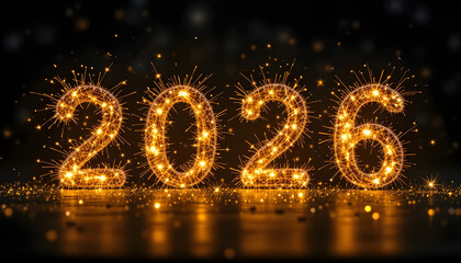 Golden numbers with sparklers and falling confetti new year celebration
