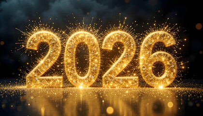 Golden numbers with sparkling fireworks and bokeh lights new year celebration