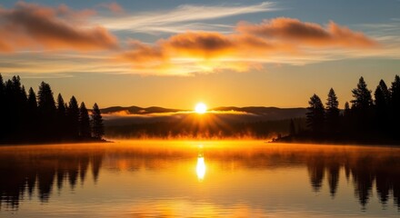 Serene golden sunrise illuminating tranquil lake reflecting forest silhouettes and misty aura