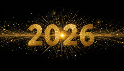 Golden numbers with sparkling fireworks on black background new year