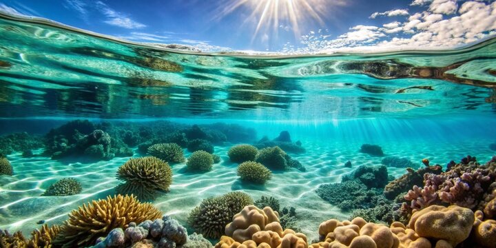 A breathtaking underwater scene showcasing vibrant coral reefs bathed in sunlight, with the crystal-clear water creating a mesmerizing split-level view of the ocean floor and the surface above.