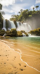 Majestic waterfall cascading into a serene beach paradise under a luminous sky scenery