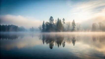 Fototapeta premium Misty morning reflections of a tranquil forest on a calm body of water under a soft blue sky