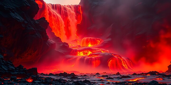 Dramatic fiery lava waterfall flowing over dark rocks into a molten river under a red sky with steam.