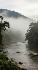 Mist-shrouded landscape: A serene river flows through verdant hillsides under a tranquil sky