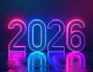 Glowing neon 2026 numbers reflected on a dark, tiled surface