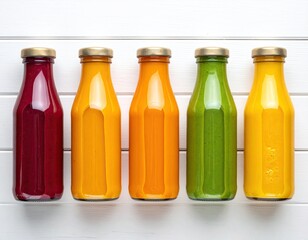 Five colorful juice bottles lined up on a white wooden surface
