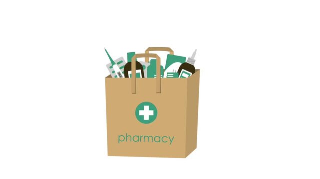 Delivery of Medications from Pharmacy. Animation. Medicine in the Paper Bag. Online Ordering and Delivery. Green, White Pills, Bottles, Thermometer. Video on White Background. 