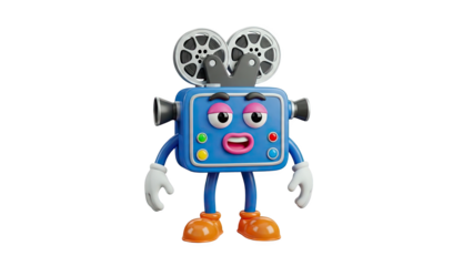 3D Cute cartoon vintage film camera character with arms and legs on transparent background