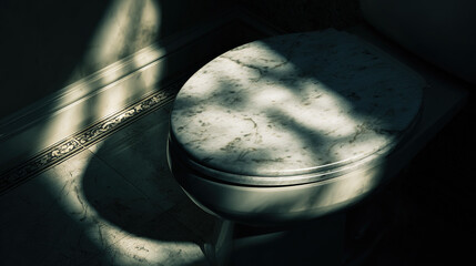 A pristine marble toilet seat in a dramatically lit bathroom, with abstract microbial shapes swirling beneath the surface.
