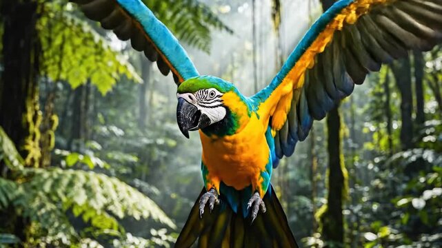 A Blue and Gold Macaw Parrot Spreads Its Wings Amidst Lush Tropical Jungle Foliage
