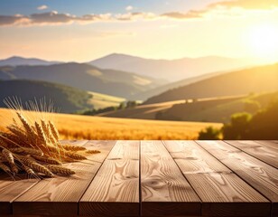 Sunny wheat field scene with wood surface and distant mountains