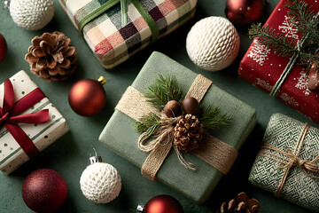 Festive themed image showcasing a flat lay arrangement of Christmas gifts and ornaments placed against a green surface creating a holiday mood