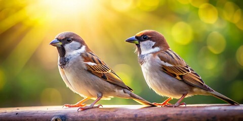 Fototapeta premium Two small avian creatures perched on a wooden surface bathed in warm golden sunlight, with a softly blurred verdant backdrop