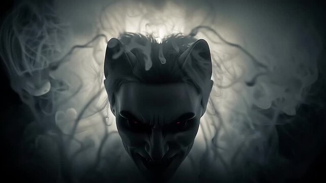 A dark, horned entity with menacing, glowing eyes emerges from ethereal smoke, a powerful, digitally enhanced vision of primal malevolence and haunting, profound mystery
