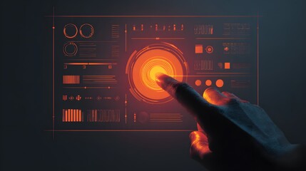 Illuminated hand presses a digital glowing orange interface, with intricate graphical elements displayed.