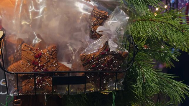Holiday themed bakery treats showcased, Decorative sugarglazed star cookies in rustic basket environment