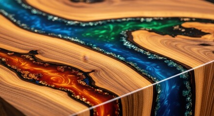 Spectacular wooden surface with colorful epoxy resin rivers and shimmering details