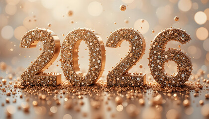 Textured gold numbers with scattered particles and bokeh new year celebration