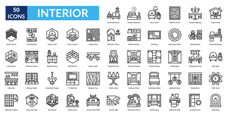 Interior Line Icon Set. Minimalist Room, Modern Bedroom, Cozy Corner, Wall Art Frame, Pendant Lighting, Indoor Plant, Home Workspace