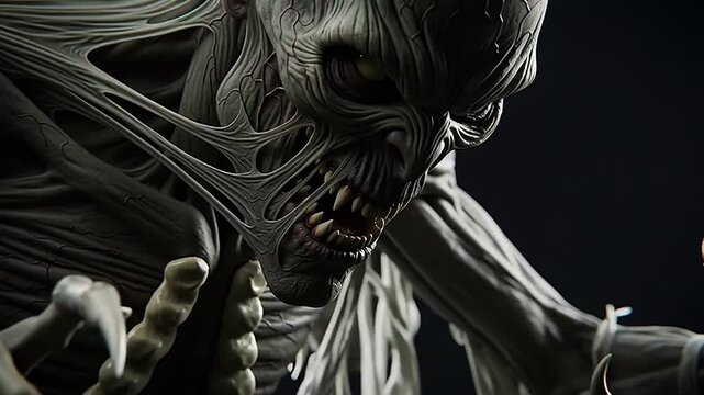 A chilling close-up of a terrifying, skeletal, undead creature with decaying flesh, bared teeth, and glowing eyes, embodying a horrific, monstrous presence