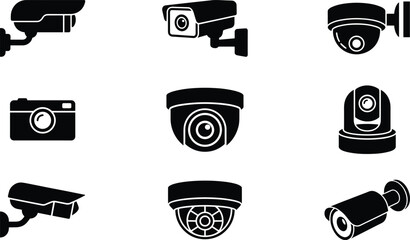 Security camera silhouette icon set including CCTV surveillance dome bullet and digital camera symbols for safety monitoring design © MstNilufar