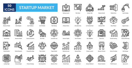 Startup Market Line Icon Set. Startup Launch, Pitch Deck, Investor Talk, Startup Growth, Market Entry, Seed Funding, Angel Investor