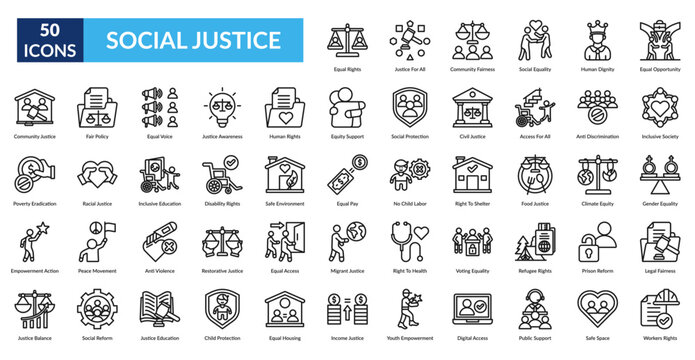 Social Justice Line Icon Set. Equal Rights, Justice For All, Community Fairness, Social Equality, Human Dignity, Equal Opportunity, Inclusive Society