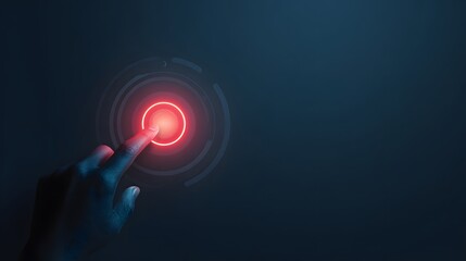 Human finger pressing a glowing red button in a dark setting, symbolizing interaction, technology, and futuristic concepts with an emphasis on digital interface and engagement, depicted on a blue...