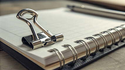 Closeup of a metal binder clip holding together a spiralbound notebook with a pen resting in the background