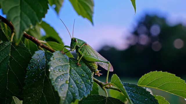A vibrant green katydid rests on a wet leaf of a leafy branch at dusk with a blurred forest background.
