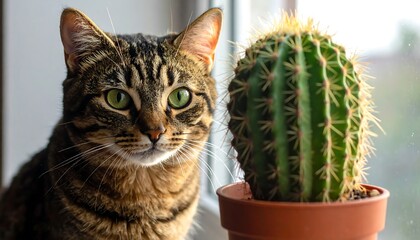 A close-up portrait of a tabby cat with striking green eyes next to a potted cactus on a windowsill