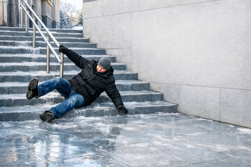 Horizontal winter accident photo of a man slipping on icy outdoor stairs, frozen surface and gray tones capturing sudden loss of balance, danger, vulnerability, suitable for winter safety awareness