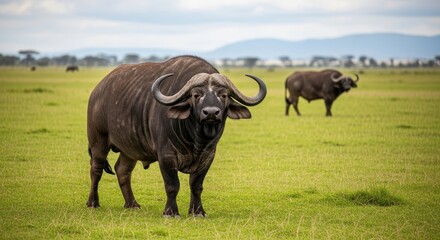 Obraz premium Magnificent African Buffalo in Natural Habitat at Serene Meadow in Tanzania