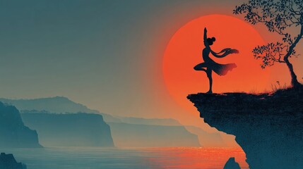 Vector of a young woman practicing yoga on cliff overlooking sunrise valley with flowing scarf, symbolizing mindfulness, wellness, and freedom in detailed vector illustration.