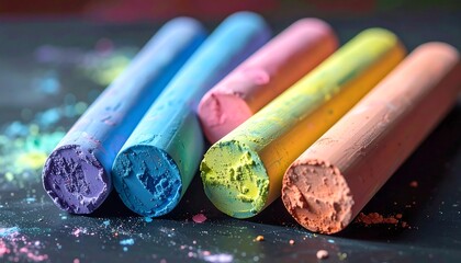 Vibrant Colored Chalk Sticks on Dark Surface, Back to School Artistic Concept