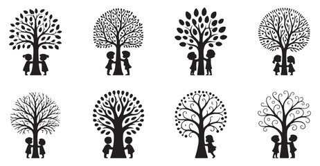 eight vector silhouettes of children hugging trees in different art styles