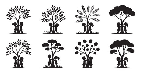 Children hugging tree trunk vector silhouettes set showing environmental protection concept