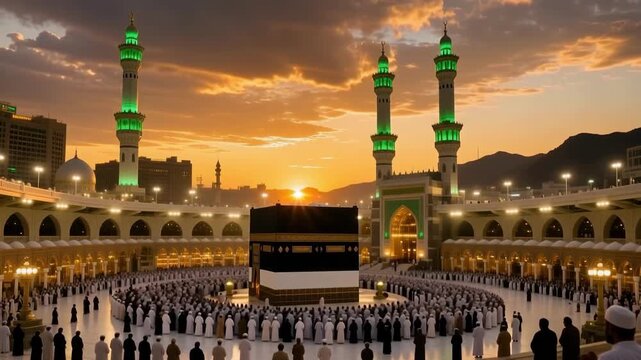 Muslims praying at kaaba mosque during evening prayer
