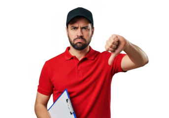 Man in red polo shirt holding clipboard isolated on transparent background