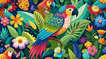 Obraz premium Vibrant tropical parrots amidst lush florals