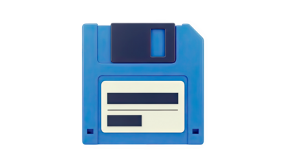 3D Blue 3.5 inch floppy disk with label area on transparent background