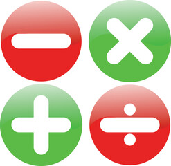 Fototapeta premium Glossy red and green circular buttons displaying basic arithmetic operators: plus, minus, multiply, and divide signs.