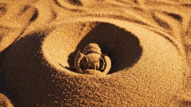 Antlion larva meticulously excavates a conical pit in soft sand, showcasing its unique hunting strategy in a sunlit desert environment.