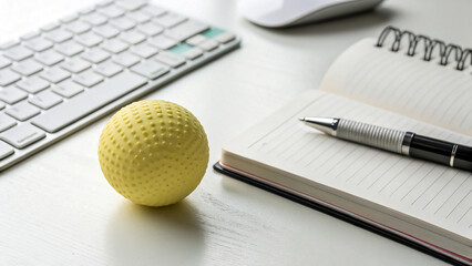 Yellow golf ball on desk next to open notebook and keyboard