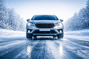 Horizontal winter travel photo of car driving straight toward the camera on an icy road surrounded by snow-covered trees, cold blue tones and dramatic lighting expressing winter driving challenges