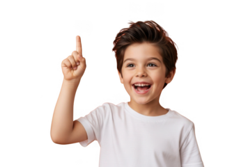 Young boy pointing upwards with excitement isolated on transparent background