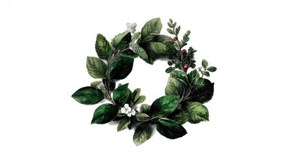 Vintage hand-drawn botanical illustration of herbs and leaves arranged in a circular wreath, detailed pen lines with watercolor shading, artistic paper grain, elegant and natural home decor style.