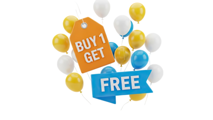 Buy 1 Get 1 Free Sale Offer with Balloons on transparent background